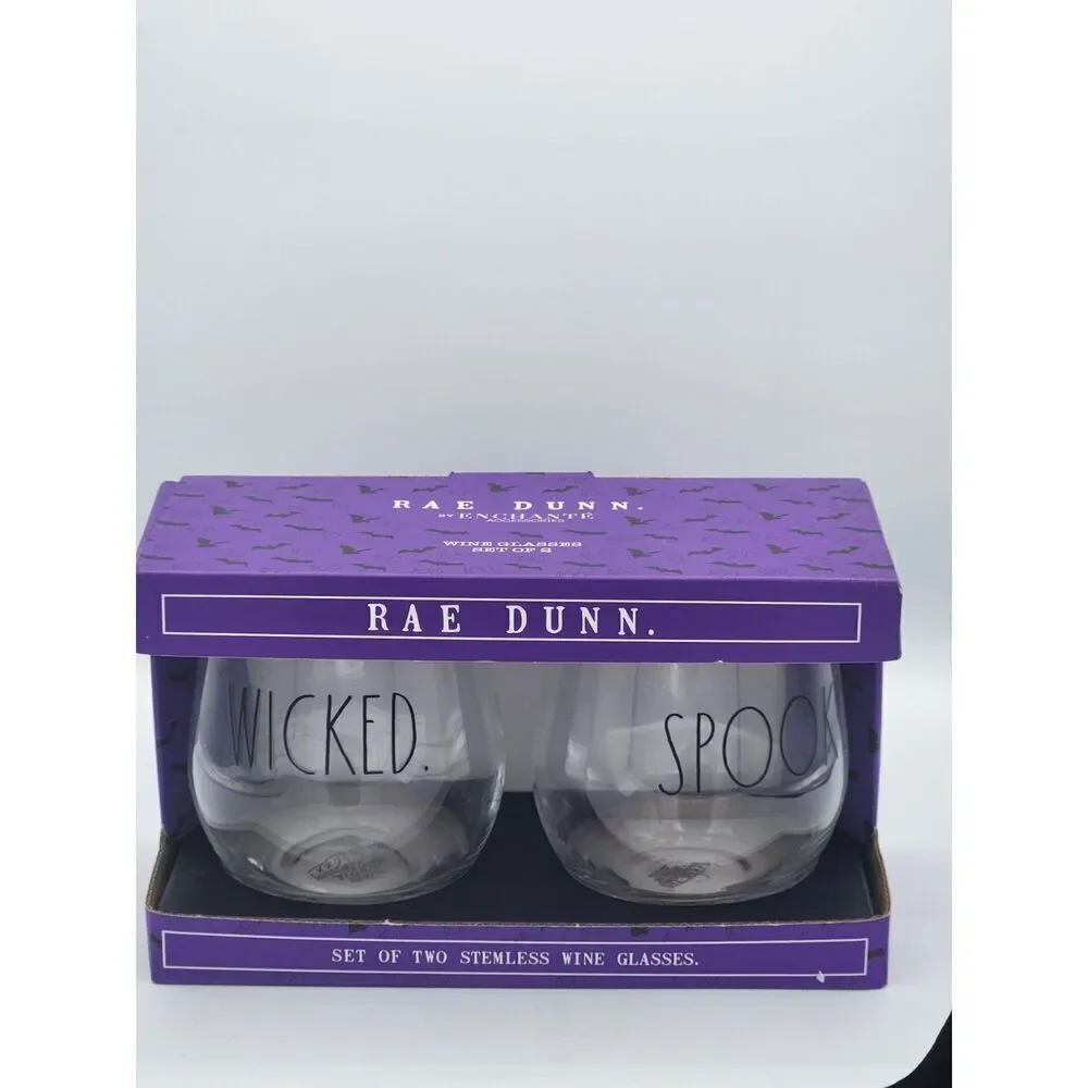 RAE DUNN Halloween Clear Stemless Wine Glasses WICKED and SPOOKY